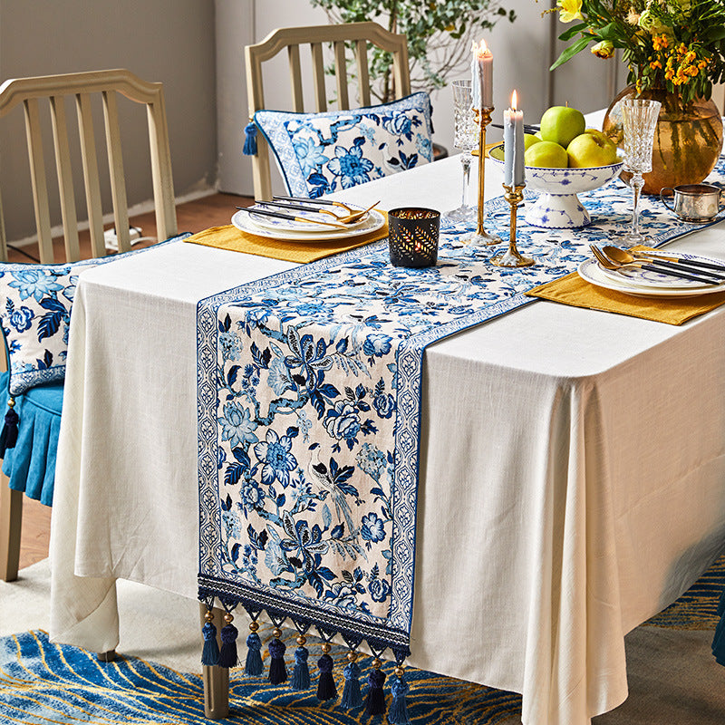 Lino azul y blanco del algodón de la tela de la mesa de té del estilo de la bandera de la tabla de la porcelana