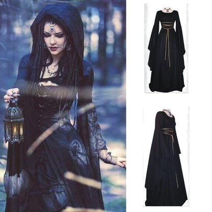 Robe d'Halloween à manches longues et col rond pour femme, tenue irrégulière avec ceinture, costume de sorcière d'Halloween