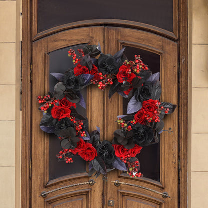 Couronne d'anneaux de roses rouges noires d'Halloween