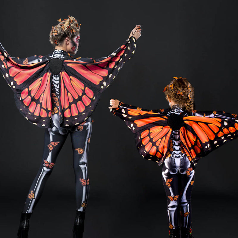 Capa de mariposa de Halloween, traje de moda para padres e hijos, mono con calavera