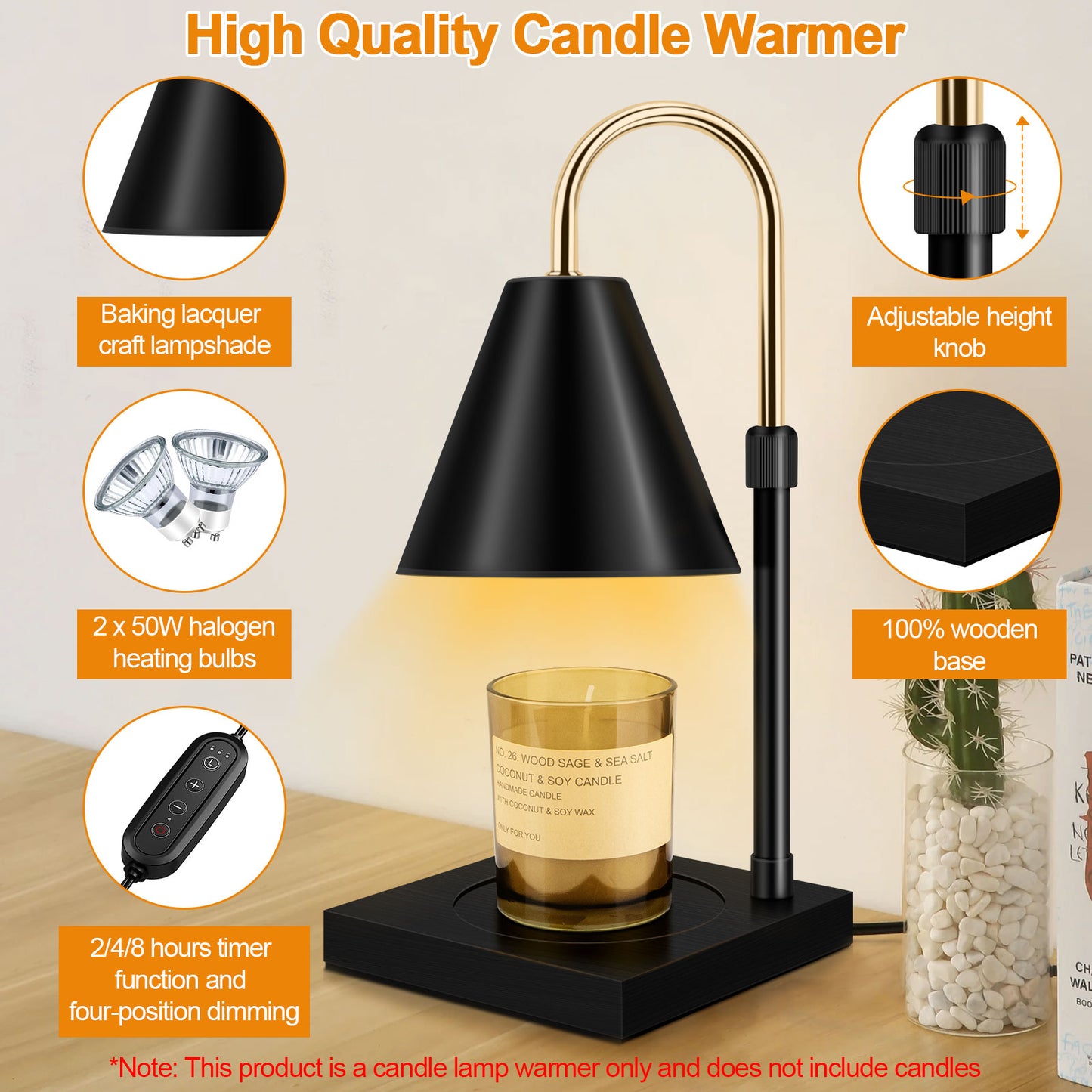 Calentador de velas, lámpara calentador de velas con temporizador regulable y altura ajustable, calentador de lámpara de vela compatible con velas en tarro para decoración del hogar, calentador eléctrico para derretir cera, base de madera negra