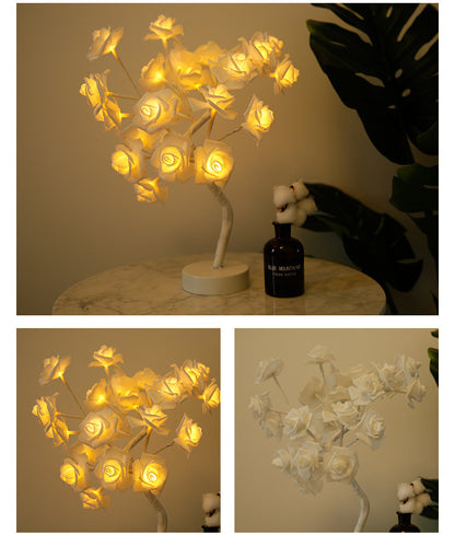 Lámpara de flores rosas, lámpara de mesa LED con batería USB, luces nocturnas de árbol bonsái, guirnalda de luces decorativas para dormitorio, decoración del hogar