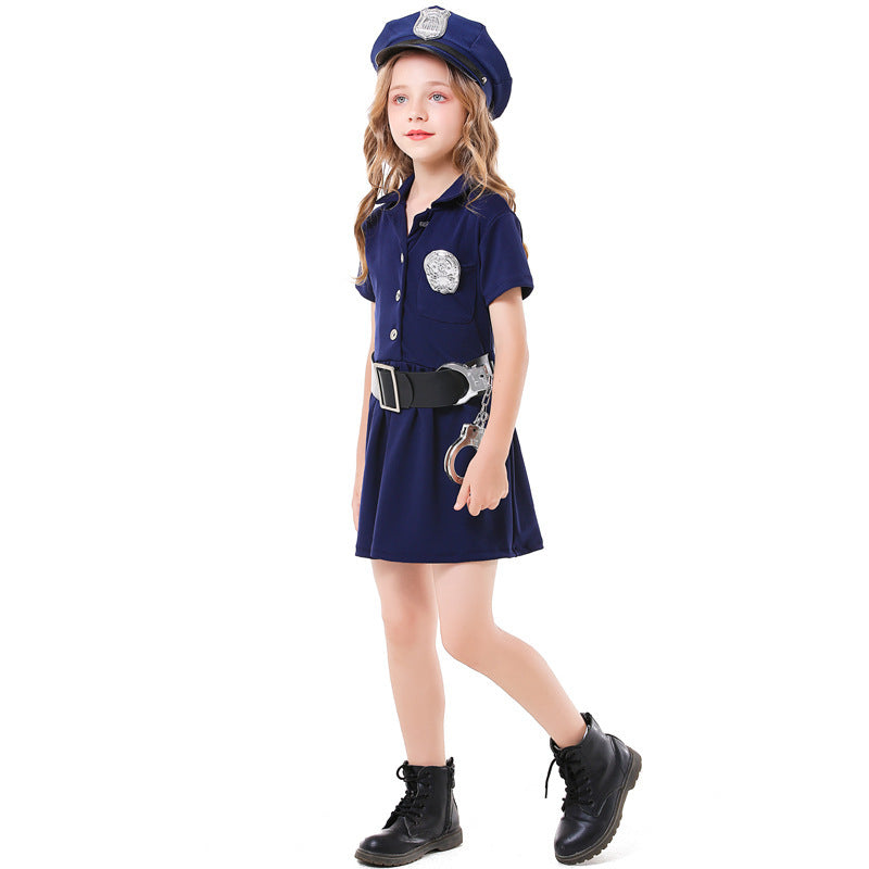 Costume d'expérience parent-enfant d'Halloween Robe de policière à boutons bleus