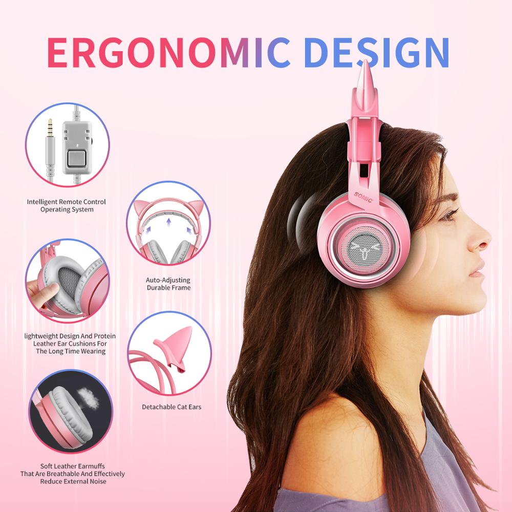 SOMIC G951s, auriculares rosas con Oreja de Gato para juegos, auriculares bonitos con enchufe de 3,5mm para PC, Xbox one, PS4, almohadilla para teléfono, auriculares para juegos para niñas y niños