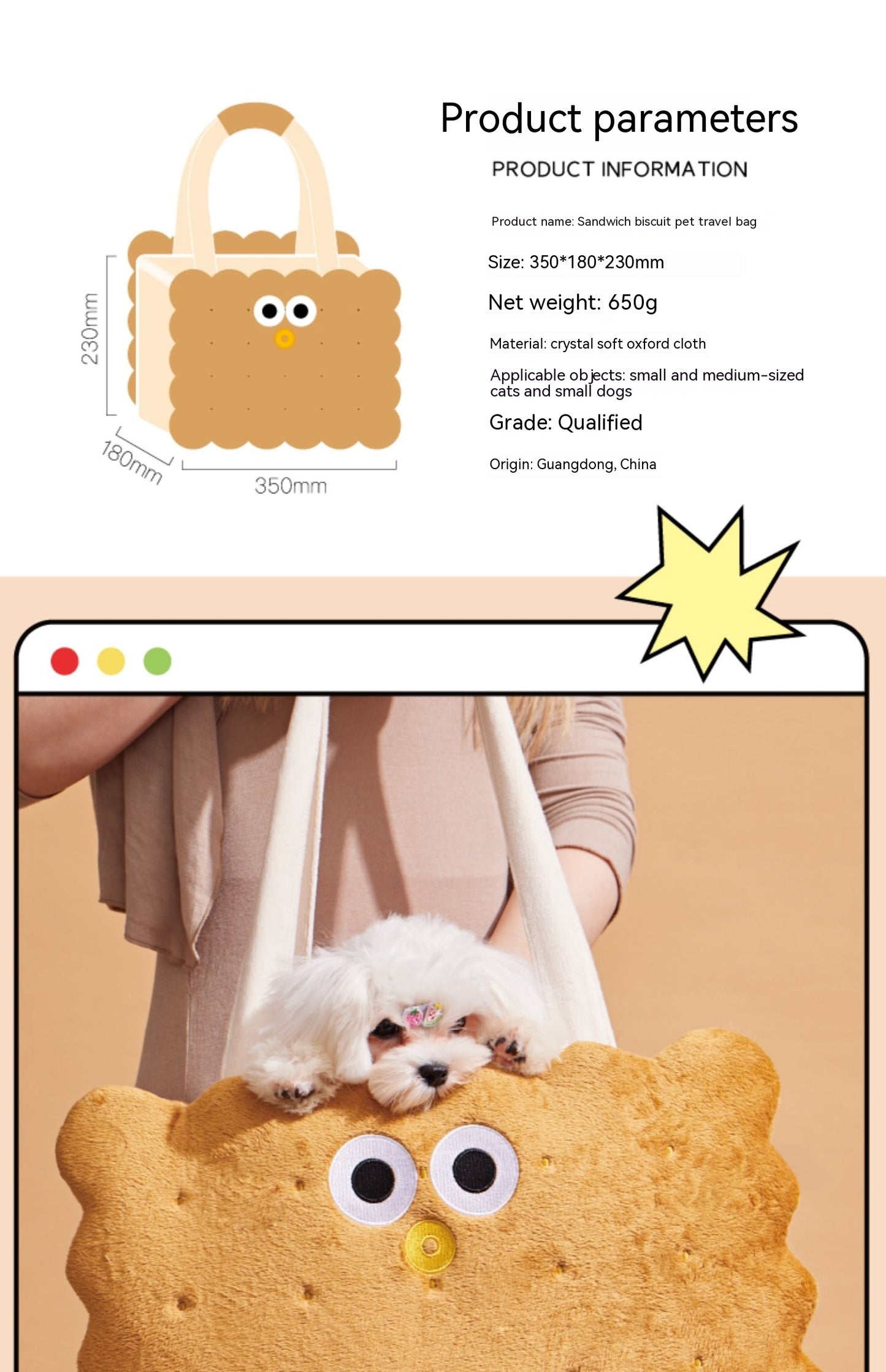 Sac Sandwich Biscuit chat hiver Portable sortie chiens et chats grande capacité beau Anti-stress