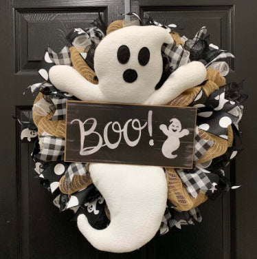 Corona de Halloween BOO Farmhouse-Ghost Wreath Decoración de pared interior para puerta de entrada al aire libre Panal Fantasma Globo sonriente para Halloween