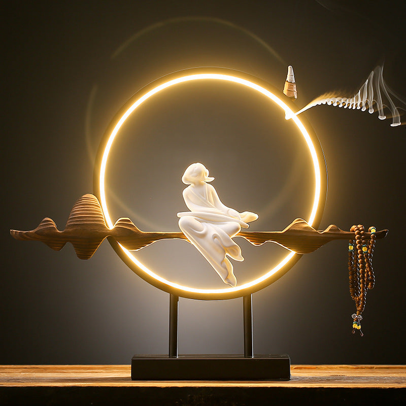 Nueva lámpara LED Zen china, círculo de madera desgastada, decoración de porcelana blanca, decoración creativa para mesa de salón de té y porche de casa