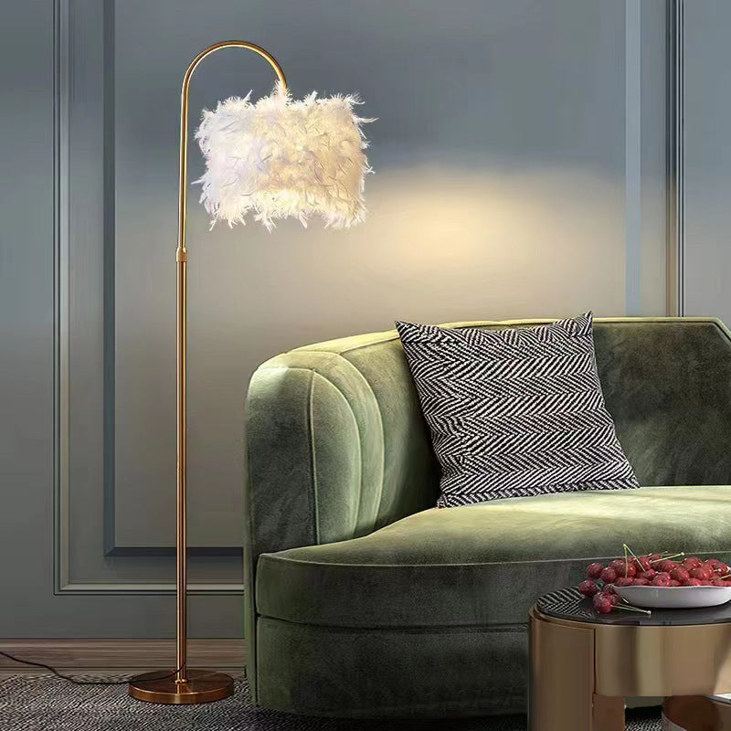 LED White Feather Gold Decorative Curved Floor Lamp