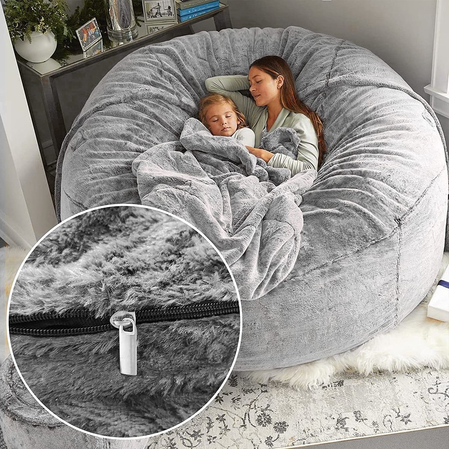 Housse de pouf - Ce n'était qu'une housse, pas un coussin de pouf complet - Grande housse de canapé-lit ronde en velours PV doux et moelleux - Meubles de salon - Housse de canapé-lit paresseuse - 1,5 m - Gris neige