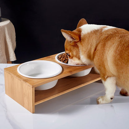 Ceramic dog bowl on bamboo table