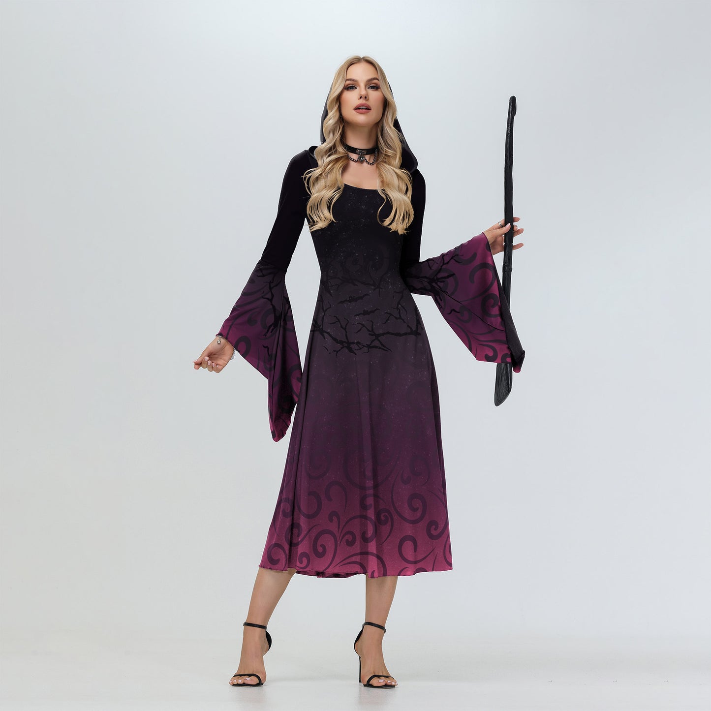 Robe à manches évasées avec impression numérique et chapeau de sorcière pour Halloween