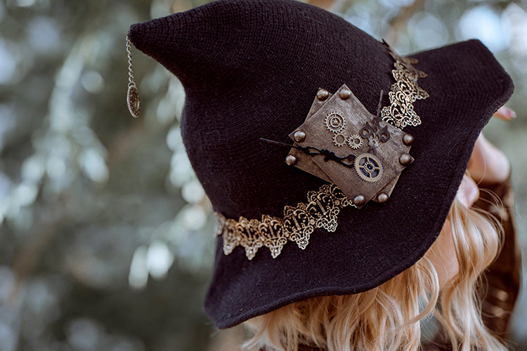 Sombrero de bruja Steampunk para mujer, de punto negro, de lana, para fiesta, mascarada, disfraz de cosplay