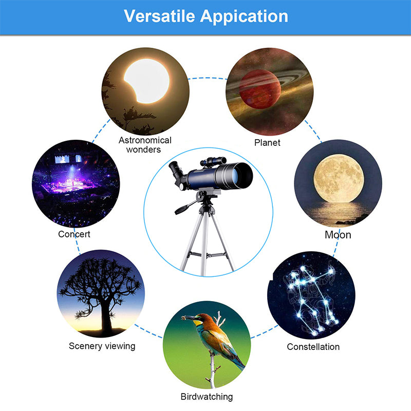 Telescopio astronómico Telescopio refractor de 70 mm Observación de la Luna para niños Adultos Principiantes en astronomía Lente 16X 67X con Visor