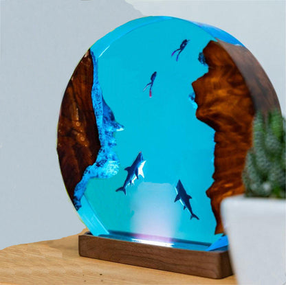 3D Shark Epoxy Round Decorative Resin Solid Wood Marine Small Night Lamp