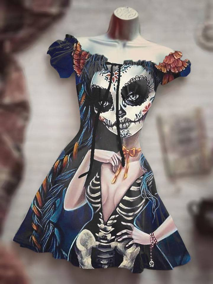 Vestido con cordón y estampado digital 3D de calaveras de Halloween