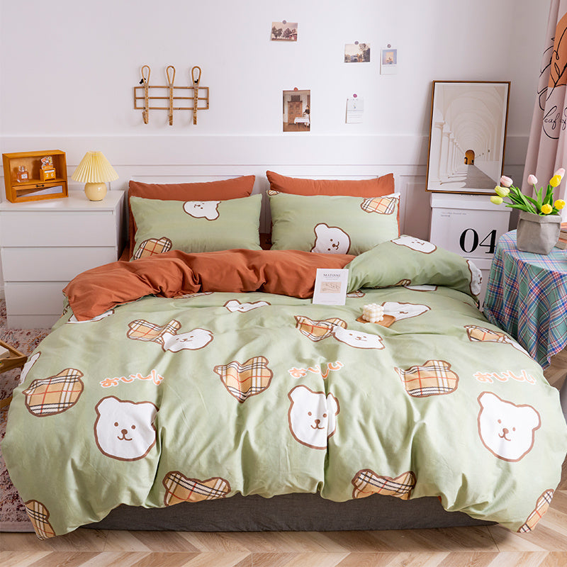 Parure de lit en coton quatre pièces pour fille, motif cœur, dessin animé, housse de couette, linge de lit en pur coton