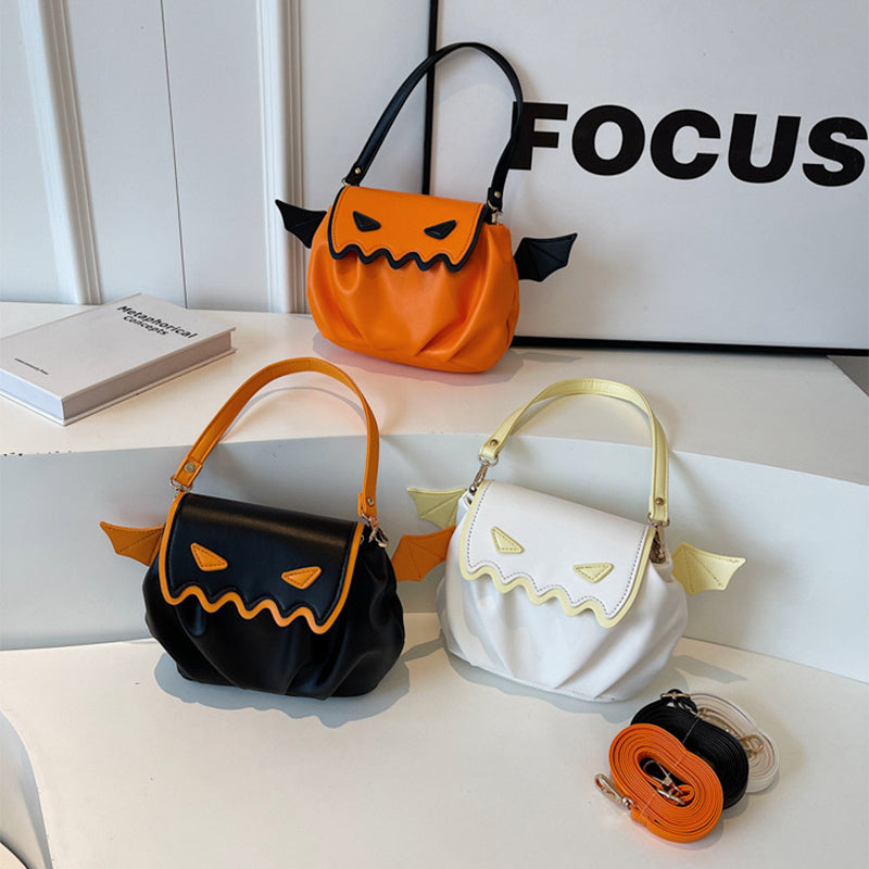 Bolso cruzado divertido, bandoleras con dibujos de calabaza de Halloween y alas pequeñas, bolso femenino creativo personalizado