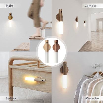 Lampe LED magnétique sans fil en bois avec capteur de mouvement PIR, luminaire décoratif d'intérieur, idéal pour un couloir, un porche ou une armoire, USB