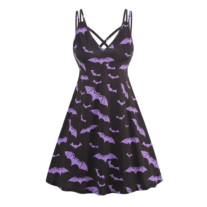 V-neck Strap Halloween Printed Pumpkin Flowers Bat Gothic Dress