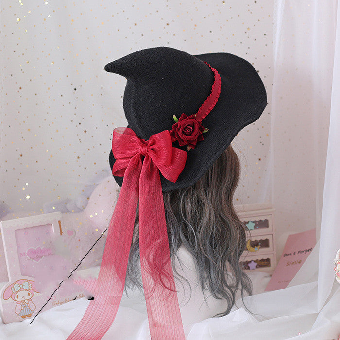 Lolita Halloween Rétro Chapeau De Sorcière Mascarade Rose Gros Nœud Chapeau De Sorcier Gothique Magique Fille Chapeau Cosplay Accessoires Décoration De Fête