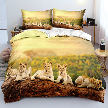 Juego de cama de tres piezas con funda de edredón y almohada de león