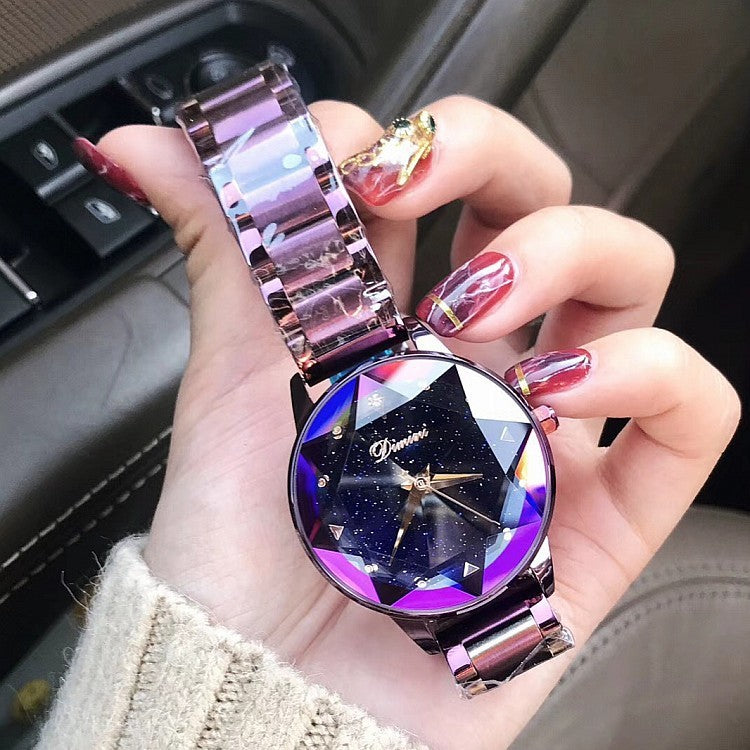 Reloj de mujer con correa de acero púrpura cielo estrellado a la moda de nueva mesa