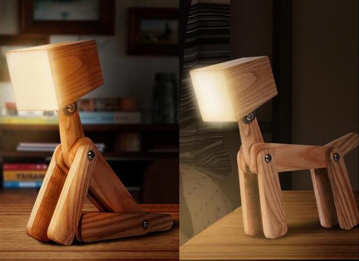 Lámpara de mesa pequeña táctil LED para cachorros, mesita de noche, madera maciza