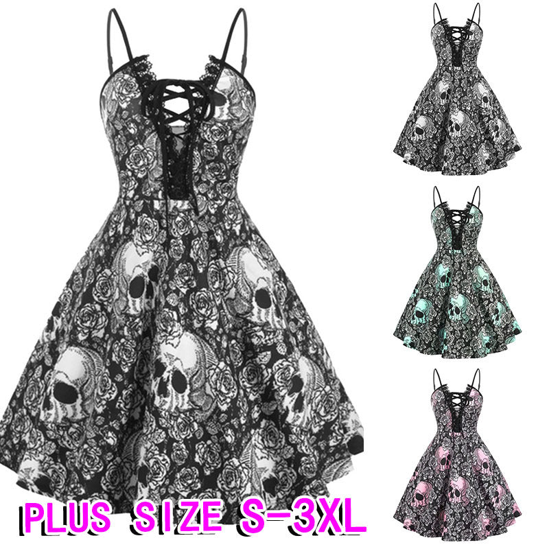 Vestido retro grande con tirantes y estampado de calaveras de Halloween para mujer