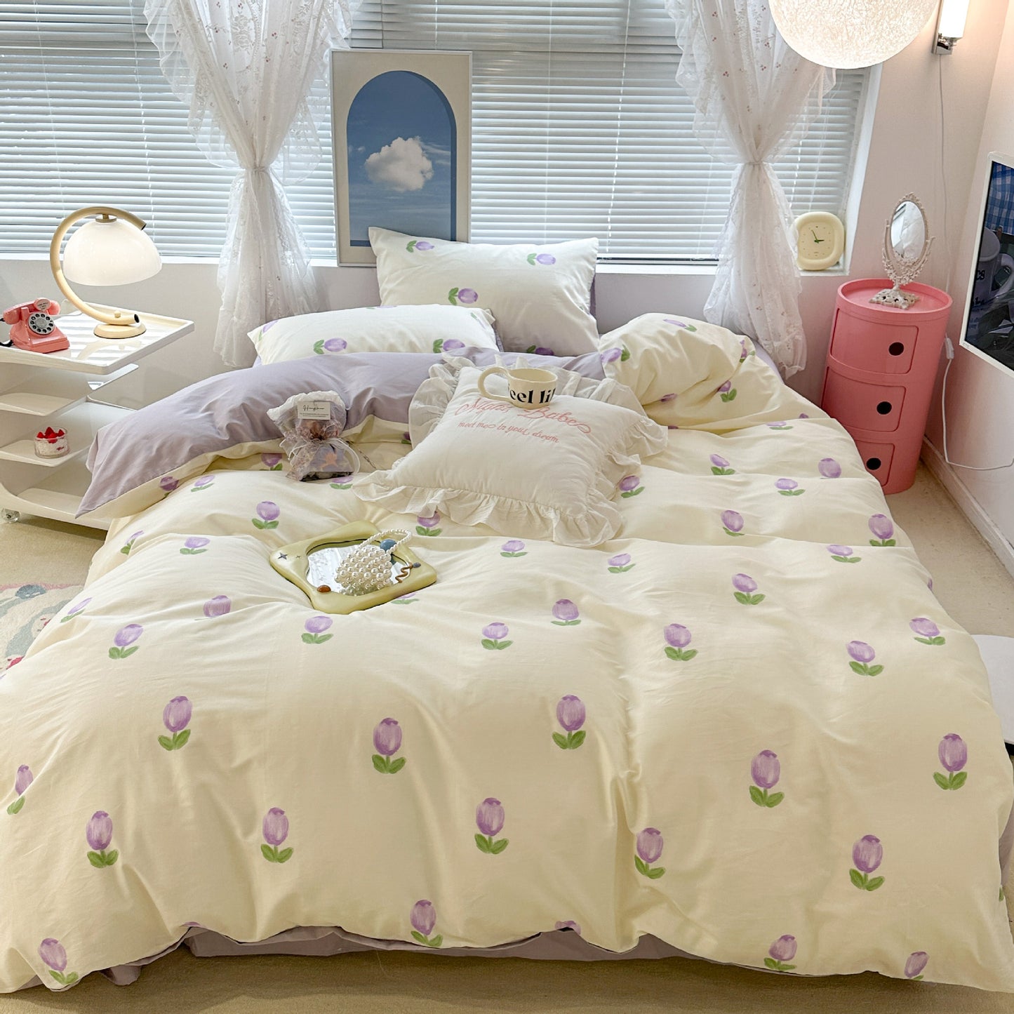 Ensemble de quatre pièces en coton, lapin Floral mignon, housse de couette en coton pastorale, drap de lit, ensemble de trois pièces