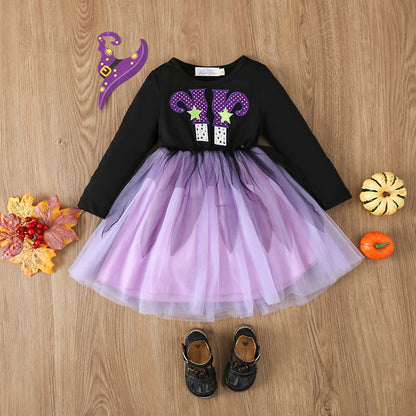 Vestido camisero de moda para niños, versátil, con costura a la moda, con tema de Halloween para niñas