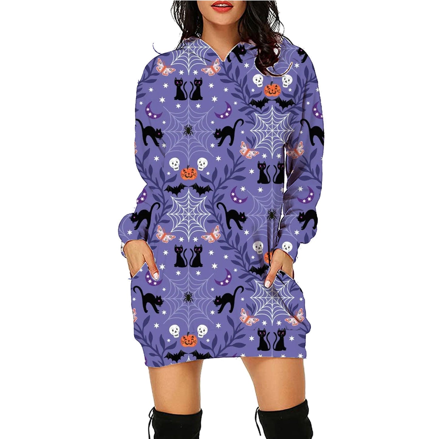 Sudadera con capucha larga con estampado de Halloween y bolsillos, suéter de manga larga, ropa para mujer