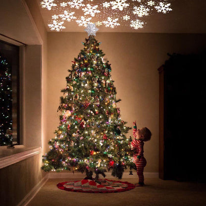 Cimier de sapin de Noël avec étoile illuminée 3D à paillettes argentées, projecteur de flocons de neige, décoration de la maison du Nouvel An