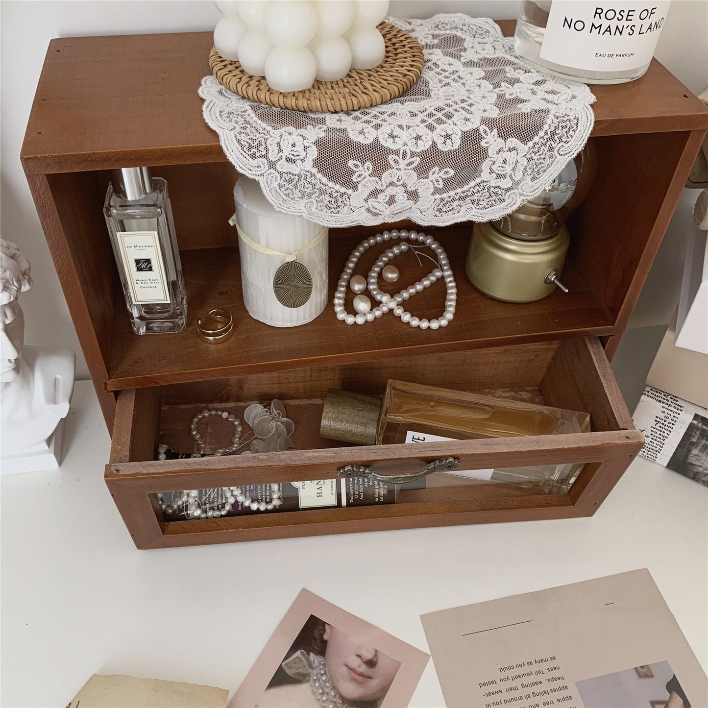 Table d'armoire de rangement de bureau à tiroir en bois rétro