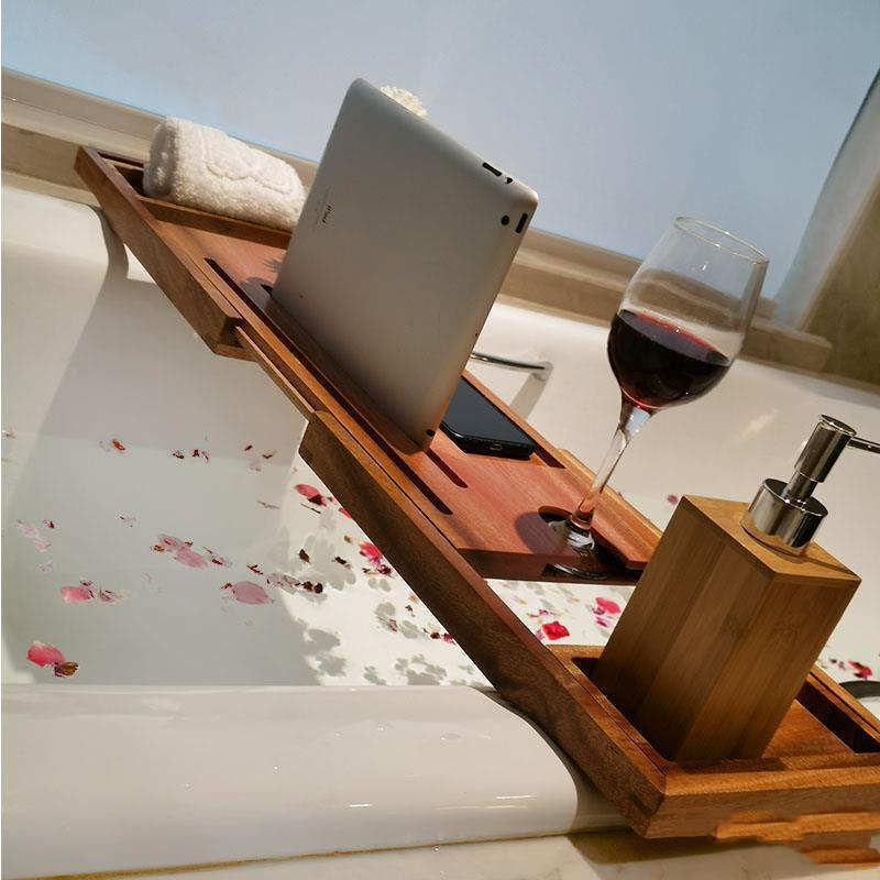 Bamboo Wood Bathtub Rack Bathroom Telescopic Bath Phone Holder