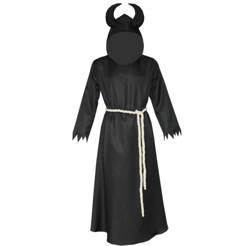 Costume de cosplay d'Halloween avec cornes médiévales et cape de sorcier du diable de la mort