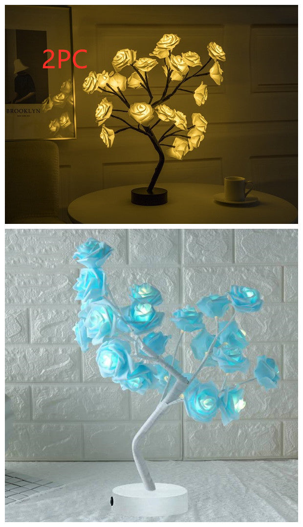 Lámpara de flores rosas, lámpara de mesa LED con batería USB, luces nocturnas de árbol bonsái, guirnalda de luces decorativas para dormitorio, decoración del hogar