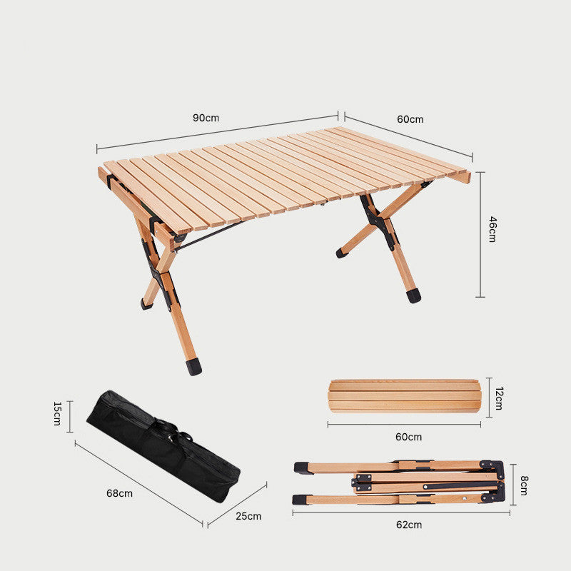 Mesa de rollo de huevo de haya de madera maciza para exteriores, mesa plegable para acampar