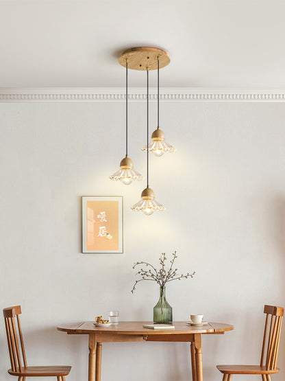 Lustre minimaliste moderne nordique à trois têtes en verre et bois massif pour restaurant