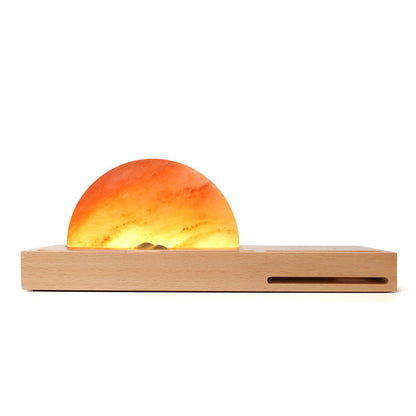 Lámpara de mesa de regalo led Sunrise Oriental, lámpara de sal con carga inalámbrica para teléfono móvil, pantalla de lámpara de sal mineral con base de madera maciza