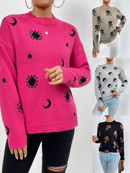 Pull à col rond en jacquard tricoté pour femme, pull décontracté à tête de mort pour Halloween, hauts d'automne et d'hiver