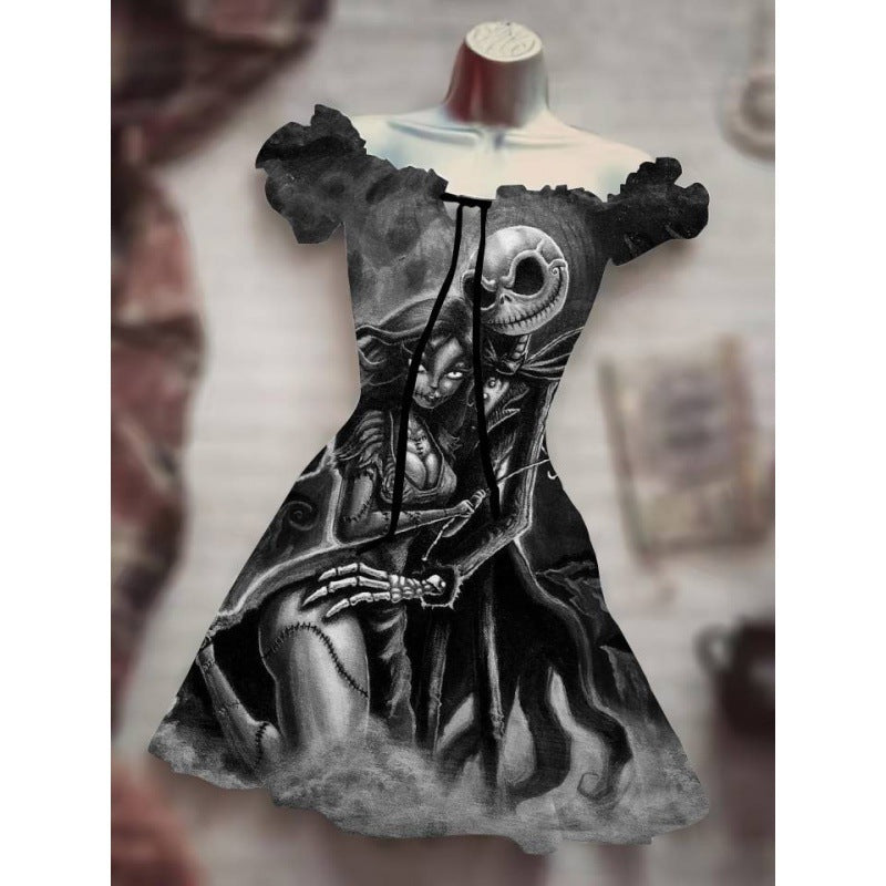 Women's Fashion Temperament Commute Halloween Drawstring Puff Sleeve High Waist Dress