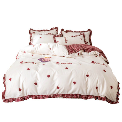 Sábana de cama de cuatro piezas estilo princesa, funda de edredón, funda de cama de corazón para niña, traje de verano de tres piezas