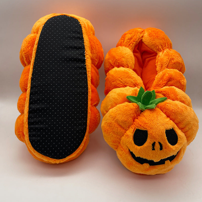 Pantuflas de felpa con forma de calabaza de Halloween para dormitorio de mujer