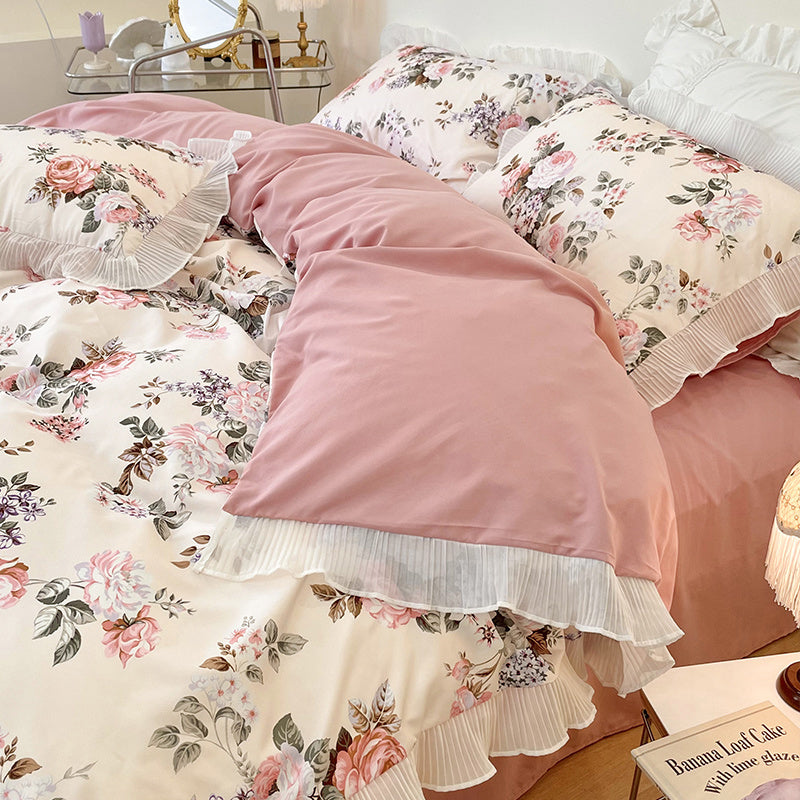 Housse de couette en coton lavé à petites fleurs, ensemble de draps de lit quatre pièces