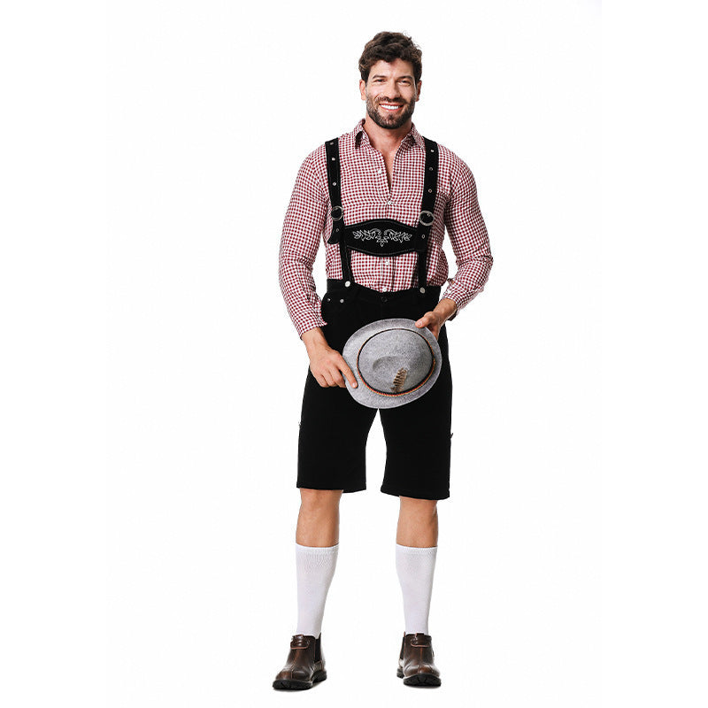 Costume traditionnel allemand de fête de la bière Chemise à carreaux d'Halloween Chapeau à bavette pour hommes Costume trois pièces Vêtements de performance