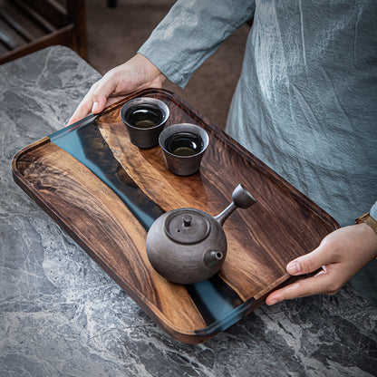 Bandeja rectangular de resina de nogal para el hogar, mesa de té pequeña de madera maciza, fruta, color negro