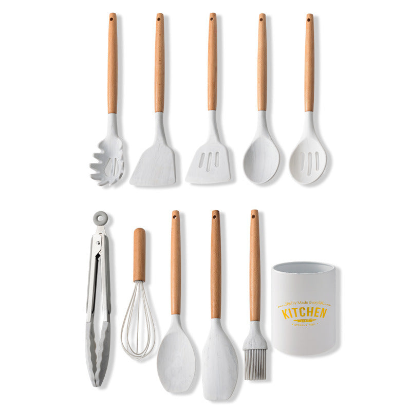 Ensemble d'ustensiles de cuisine en silicone avec manche en bois blanc marbré