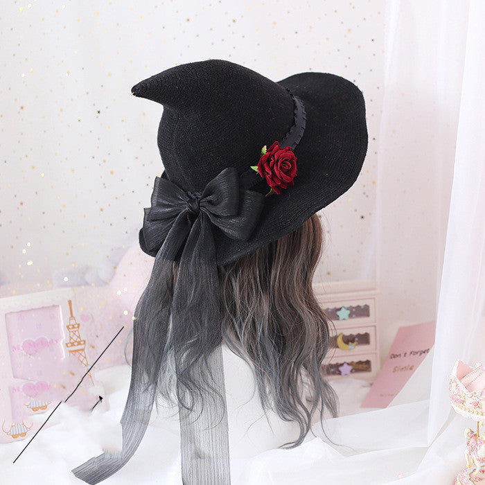 Sombrero de bruja retro de Lolita para Halloween, sombrero de mago con lazo grande y rosa para mascarada, sombrero de chica mágica gótica, accesorios de cosplay, decoración de fiesta