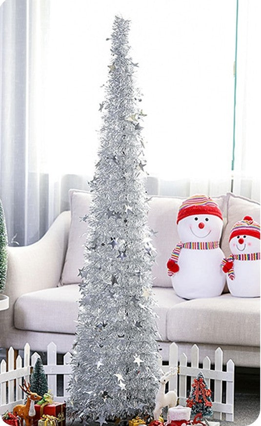 Árbol de Navidad artificial con oropel y soporte. Hermoso árbol de Navidad artificial plegable para decoraciones navideñas.