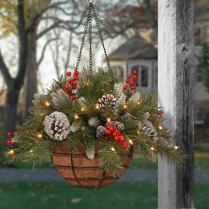 Pre-lit Artificial Christmas Hanging Basket, Mixed Decorations And White LED Lights